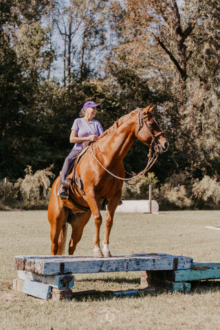 Image of a retreat participant confidently guiding her horse through an obstacle, demonstrating skill and partnership during the retreat activities.