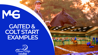 Thumbnail for 'Gaited and Colt Start Examples' online video included in the Horse Help Course. The image features Michael Gascon showcasing techniques and examples for working with gaited horses and starting colts during a session at a Gascon Horsemanship clinic.
