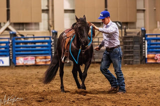 Michael Gascon actively working on a horse in an arena, demonstrating training techniques and skill development in a controlled environment.