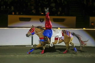 Image of a Trixie Chicks Rider performing during a Trixie Chicks Riders performance, showcasing extraordinary equestrian skills and thrilling tricks.