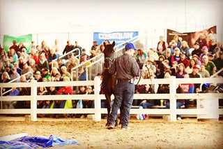 Michael Gascon actively teaching attendees during a Gascon horsemanship clinic, sharing knowledge and skills in equestrian training.