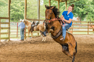 Image of Kelsey Gascon confidently riding on a rearing horse, showcasing skill and harmony in equestrian artistry.