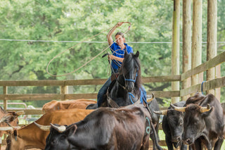 A Horse Help Train-Off contestant showcasing roping skills, attempting to rope a cattle during a competition, highlighting the diverse challenges faced in the event.