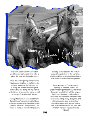 Preface of the planner featuring Michael Gascon posing with two horses, setting the tone for an equestrian journey filled with expertise, inspiration, and a deep connection with equine companions.