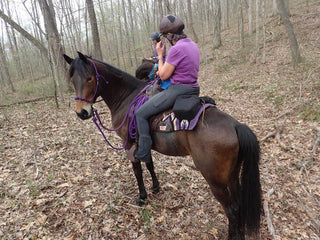Image of an elegant horse adorned with the MG purple halter and reins, accompanied by a rider enjoying a trail ride. The duo showcases a stylish and harmonious equestrian scene on the trails.