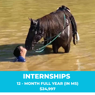 An intern from the Horse Help Internship program posing with her horse in the water. This image is used as a promotional feature for a 12-month full year internship valued at $24,997. The intern is seen with her horse in the water, both appearing relaxed and connected, showcasing the immersive and comprehensive learning experience provided throughout the year-long internship program.