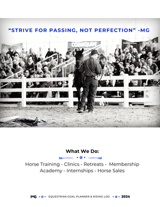 Planner page highlighting Michael Gascon with a horse at a clinic, accompanied by an inspirational quote and information about Horse Help services. Immerse yourself in equestrian wisdom and discover the diverse services offered by Horse Help.