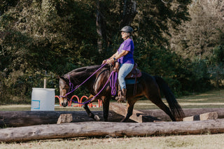 Image of a retreat participant confidently guiding her horse through an obstacle, demonstrating skill and partnership during the retreat activities.