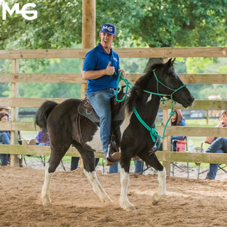 Michael Gascon riding a horse during a Horse Help retreat session, leading by example and creating a positive equestrian experience.