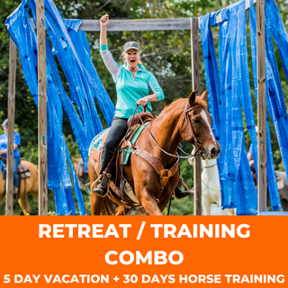 A customer and her horse navigating the obstacle course, featured in a promotional image for a retreat + 30-day horse training program. Experience an immersive and skill-building equine adventure.