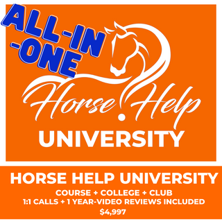 Promotional image for Horse Help University's all-in-one package featuring courses, college, club membership, 1:1 calls, and 1-year video reviews, valued at $4,997.