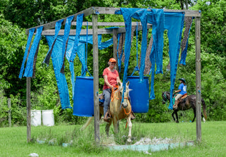 Image of a retreat participant confidently guiding her horse through an obstacle, demonstrating skill and partnership during the retreat activities.