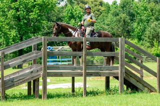 A customer confidently crossing a bridge in the obstacle course during a Horse Help retreat, building trust and overcoming challenges with their horse.