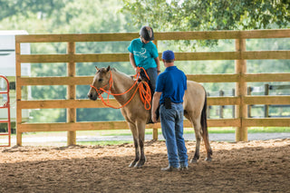 Michael Gascon providing personalized instruction to a customer during a retreat, fostering a positive learning environment and enhancing the equestrian experience.