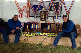 Michael and Jaime Gascon proudly posing with their awards, celebrating success at the Grand National Paso Fino Championships.