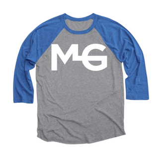 Raglan shirt featuring the MG logo, with stylish blue sleeves and a comfortable grey body. Show your support for Gascon Horsemanship in this fashionable and branded attire.