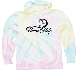 Vibrant Sunset Swirl tye-dyed hoodie featuring the distinctive Horse Help logo. Stay cozy and show your love for horsemanship with this unique and stylish hoodie.