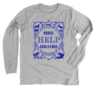Long sleeve shirt in grey featuring the Horse Help Challenge logo. Stay comfortable and stylish with this Horse Help-branded shirt, perfect for those chilly days while expressing your passion for horsemanship.