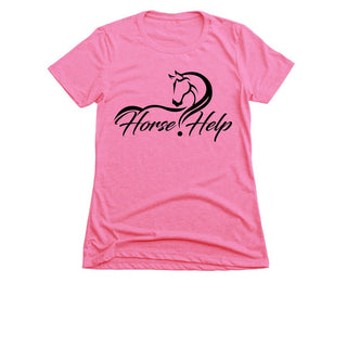 MG Women's Shirt in pink with the Horse Help logo. This stylish and comfortable shirt is perfect for horse enthusiasts, showcasing the Horse Help brand by Michael Gascon.