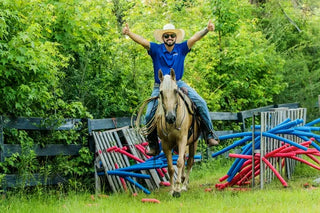Image of a Horse Help Train-Off contestant confidently navigating through the obstacle course, demonstrating skill and determination.