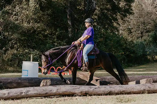 Image of a retreat participant confidently guiding her horse through an obstacle, demonstrating skill and partnership during the retreat activities.