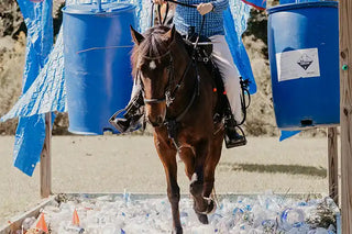 Image of a retreat participant confidently guiding her horse through an obstacle, demonstrating skill and partnership during the retreat activities.