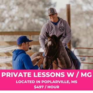 Michael Gascon and a customer working on a horse in the arena, highlighting the Private Lessons with MG service. This personalized coaching session is valued at $497 per hour. The image showcases hands-on instruction and guidance from Michael Gascon, emphasizing individualized attention and expertise in horsemanship.