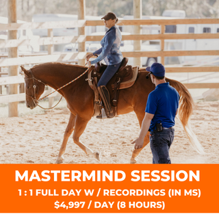 Promotional image featuring a horse rider receiving personalized instructions from Michael Gascon, promoting a 1:1 full-day (8hr) mastermind session with recordings valued at $4997. Elevate your horsemanship with exclusive guidance from Michael Gascon.