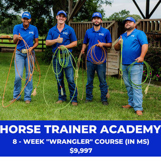 Promotional image featuring Michael Gascon posing with a group of aspiring trainers, enticing participation in the exclusive 8-week 'Wrangler' course valued at $9,997. Elevate your horsemanship skills under the guidance of a seasoned expert.