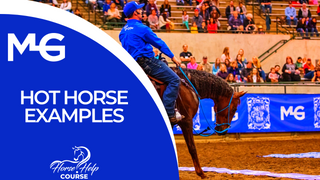 Thumbnail for 'Hot Horse Examples' online video included in the Horse Help Course. The image features Michael Gascon demonstrating techniques and insights for handling energetic or spirited horses during a session at a Gascon Horsemanship clinic.