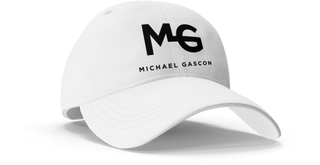 Michael Gascon's signature white baseball cap, featuring the MG logo. A stylish and comfortable accessory, perfect for horse enthusiasts and Gascon Horsemanship supporters.
