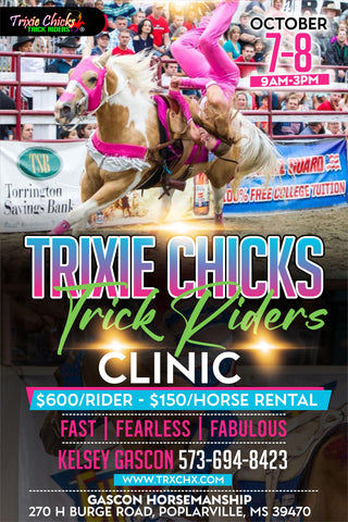 Promotional image for the Trixie Chicks Trick Riders Clinic, offering a unique and exciting opportunity for participants.