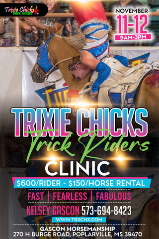 Promotional image for the Trixie Chicks Trick Riders Clinic, offering a unique and exciting opportunity for participants.