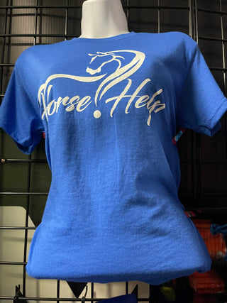 MG Women's Shirt in blue with the Horse Help logo. This stylish and comfortable shirt is perfect for horse enthusiasts, showcasing the Horse Help brand by Michael Gascon.