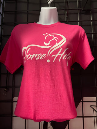 MG Women's Shirt in pink with the Horse Help logo. This stylish and comfortable shirt is perfect for horse enthusiasts, showcasing the Horse Help brand by Michael Gascon.
