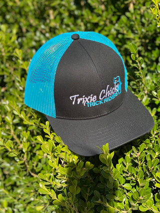 A black Trixie Chicks Trick Riders cap with blue accents, featuring a stylish design and vibrant colors, ideal for trick riding enthusiasts