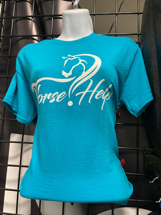 MG Women's Shirt in turquoise with the Horse Help logo. This stylish and comfortable shirt is perfect for horse enthusiasts, showcasing the Horse Help brand by Michael Gascon.