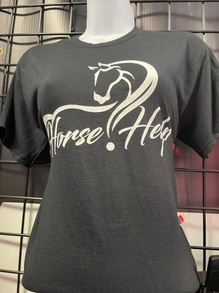 MG Women's Shirt in black with the Horse Help logo. This stylish and comfortable shirt is perfect for horse enthusiasts, showcasing the Horse Help brand by Michael Gascon.