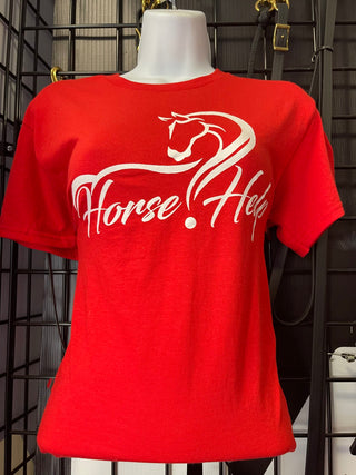 MG Women's Shirt in red with the Horse Help logo. This stylish and comfortable shirt is perfect for horse enthusiasts, showcasing the Horse Help brand by Michael Gascon.