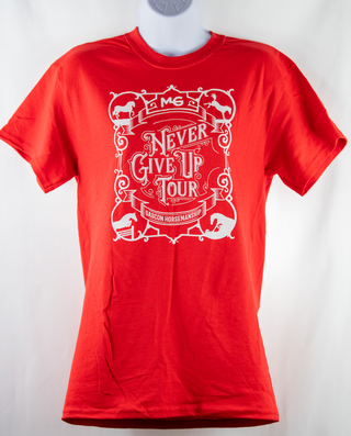 An eye-catching red Horse Help unisex shirt with the Never Give Up tour logo prominently displayed, perfect for showing support and enthusiasm during the event.