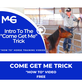 Michael Gascon in Action: Michael Gascon, in a session at a Gascon Horsemanship clinic, featured as a thumbnail for a free 'How To' Horse Training Video titled 'Intro to the 'Come Get Me Trick'.