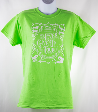 An eye-catching green Horse Help unisex shirt with the Never Give Up tour logo prominently displayed, perfect for showing support and enthusiasm during the event.