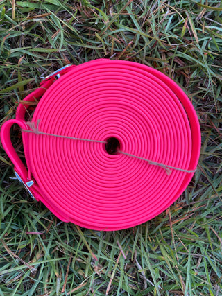 Pink MG Biothane Driving Lines: High-quality Biothane driving lines in vibrant blue color, designed for durability and flexibility. Perfect for practicing driving skills learned from Michael Gascon, the Horse Guru, during Horse Help training sessions.