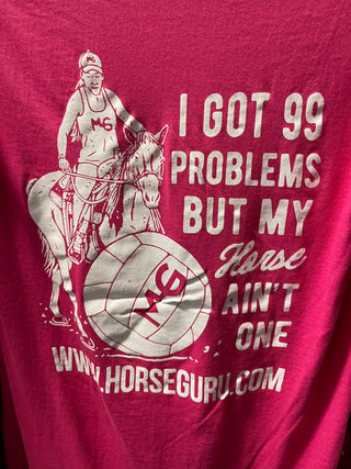 Tee shirt in red, adorned with the fun slogan 'I got 99 problems but my horse ain't one'..