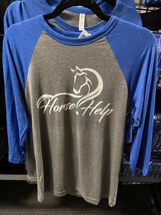 Raglan shirt with blue sleeves and a grey body, displaying the Horse Help logo.