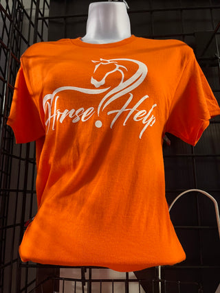 MG Women's Shirt in orange with the Horse Help logo. This stylish and comfortable shirt is perfect for horse enthusiasts, showcasing the Horse Help brand by Michael Gascon.