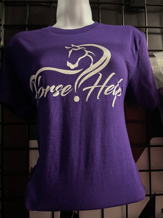 MG Women's Shirt in purple with the Horse Help logo. This stylish and comfortable shirt is perfect for horse enthusiasts, showcasing the Horse Help brand by Michael Gascon.