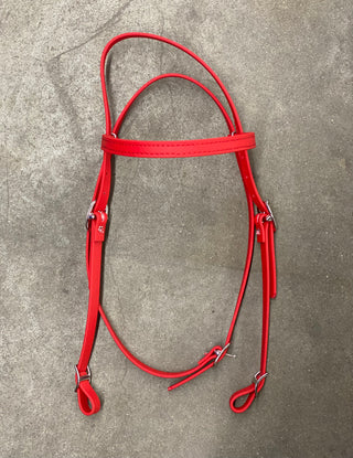 MG Biothane Headstall in red color, showcasing the durable and weather-resistant material. The image displays the headstall's sleek design, highlighting its versatility and suitability for various equestrian activities.