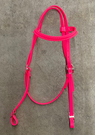 MG Biothane Headstall in pink color, showcasing the durable and weather-resistant material. The image displays the headstall's sleek design, highlighting its versatility and suitability for various equestrian activities.
