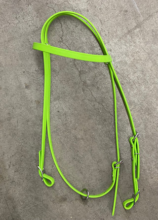 MG Biothane Headstall in green color, showcasing the durable and weather-resistant material. The image displays the headstall's sleek design, highlighting its versatility and suitability for various equestrian activities.
